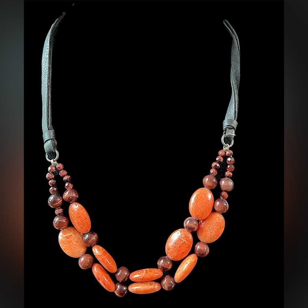 Vintage Sterling Silver Tiger Eye and Wooden Bead Double Strand Necklace